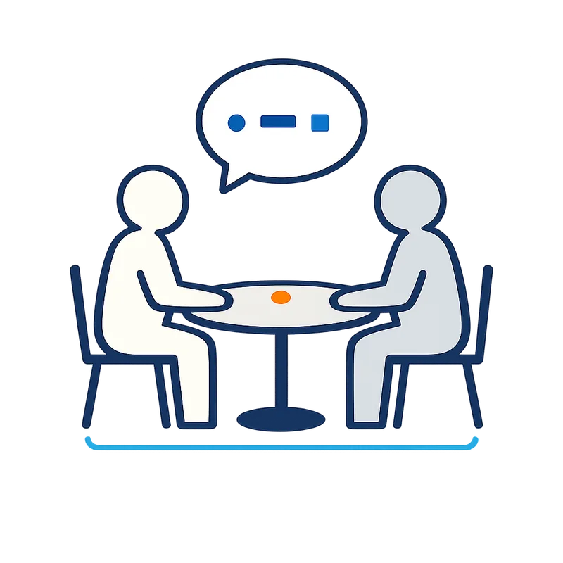 Ilustração: duas pessoas conversam sentadas frente a frente em uma mesa redonda, com um balão de fala entre elas.